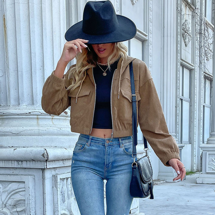 Damen kurzes Cordjacke mit aufgesetzten Taschen und Kapuze Drune