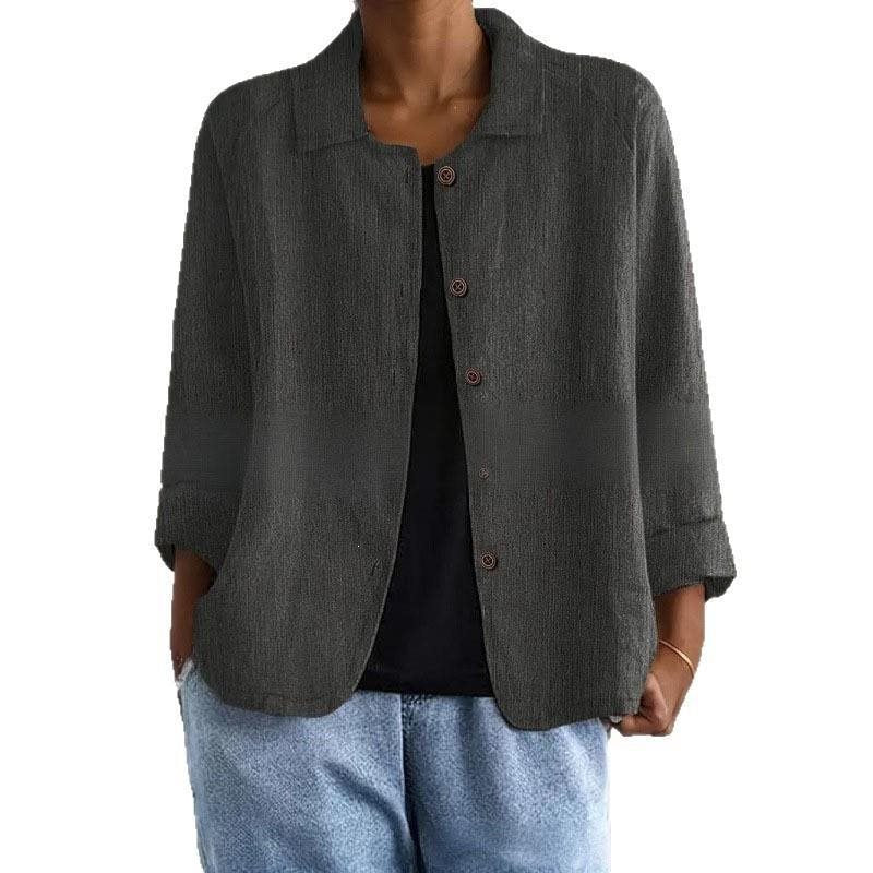Damen Oversized Leinen-Hemdjacke mit Hemdkragen, 3/4-Ärmeln und durchgehender Knopfleiste Drune
