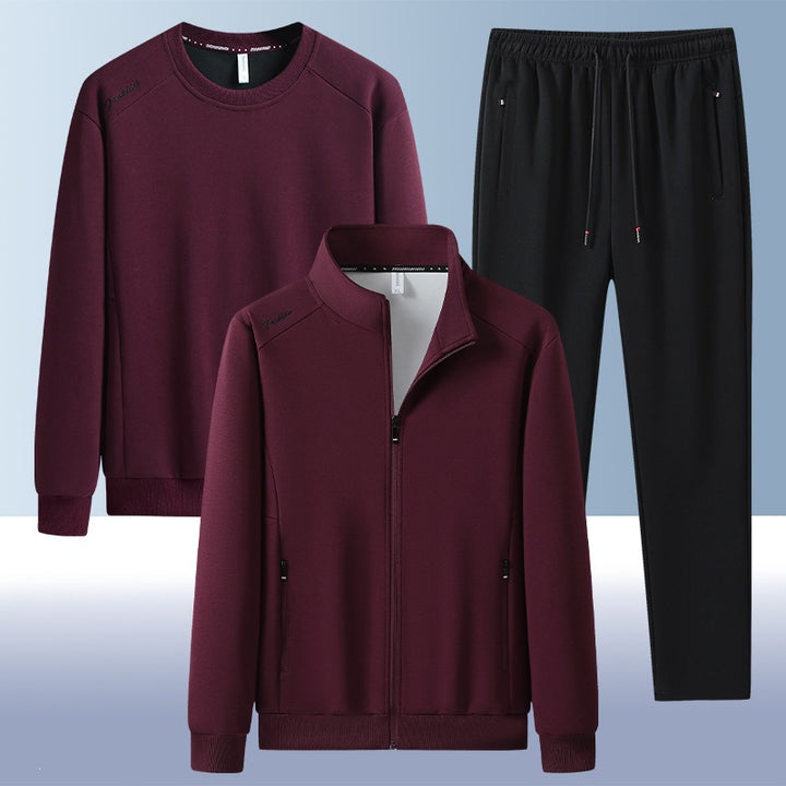 [Herren] Zweiteiliges Trainingsset mit Stehkragen-Zipjacke, Rundhals‑Sweatshirt und konisch geschnittener Jogginghose aus atmungsaktivem Fleece Drune