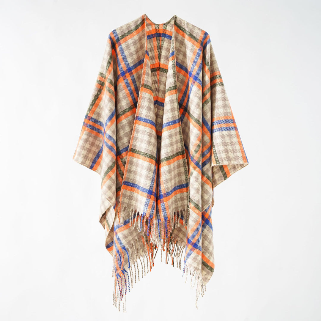 Damen Karierter Wollmix Poncho mit Fransen und offenem Oversize Fall Drune