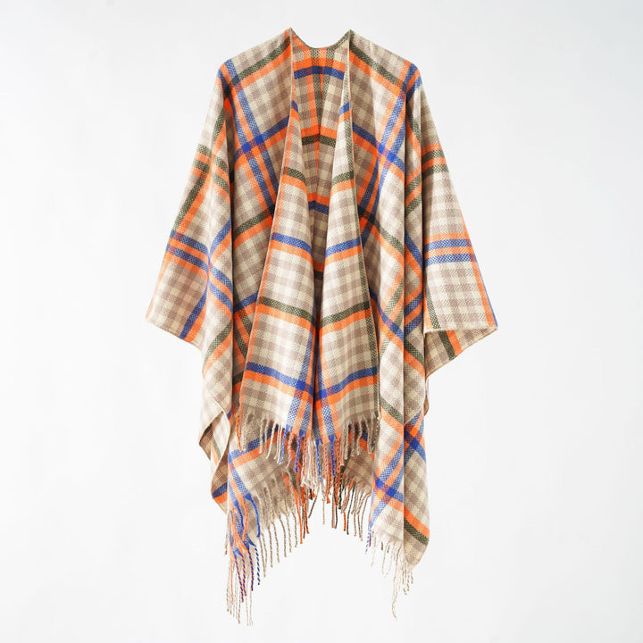 Damen Karierter Wollmix Poncho mit Fransen und offenem Oversize Fall Drune