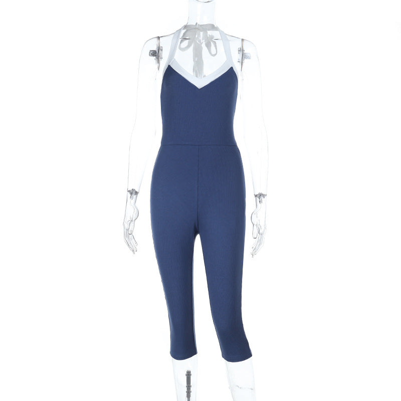 Damen eleganter, figurbetonter Jumpsuit mit V-Ausschnitt und raffinierter Schnürung Drune