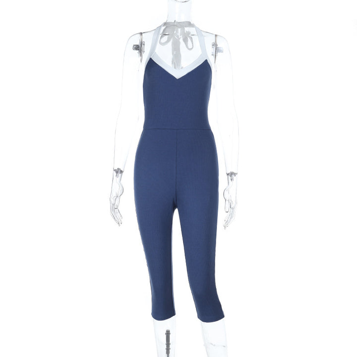 Damen eleganter, figurbetonter Jumpsuit mit V-Ausschnitt und raffinierter Schnürung Drune