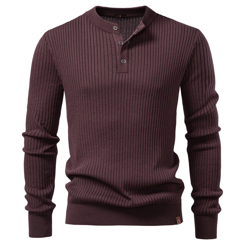 Herren nan gerippter Langarm-Henleypullover mit Stehkragen, feinem Rippstrick und schmaler Passform Drune