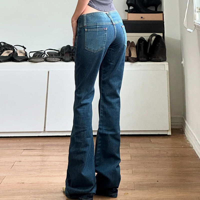 Damen Low-Rise Bootcut-Jeans mit doppelter Knopfleiste und extra weitem Schlag Drune