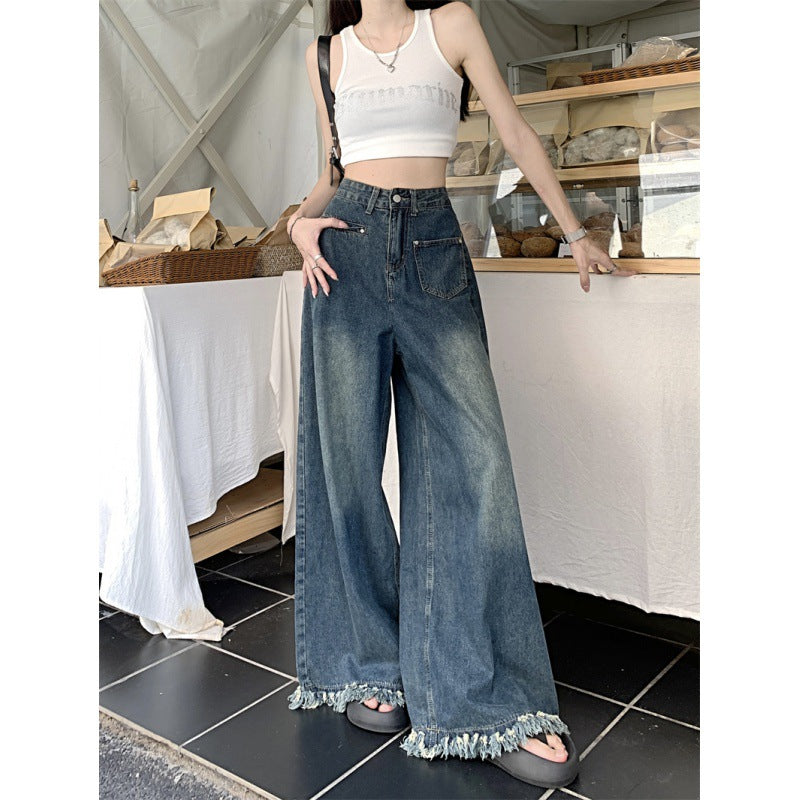 Damen Weite Jeanshose mit fransigem Saum Drune
