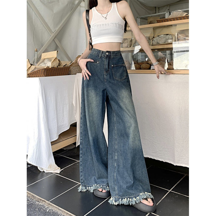 Damen Weite Jeanshose mit fransigem Saum Drune