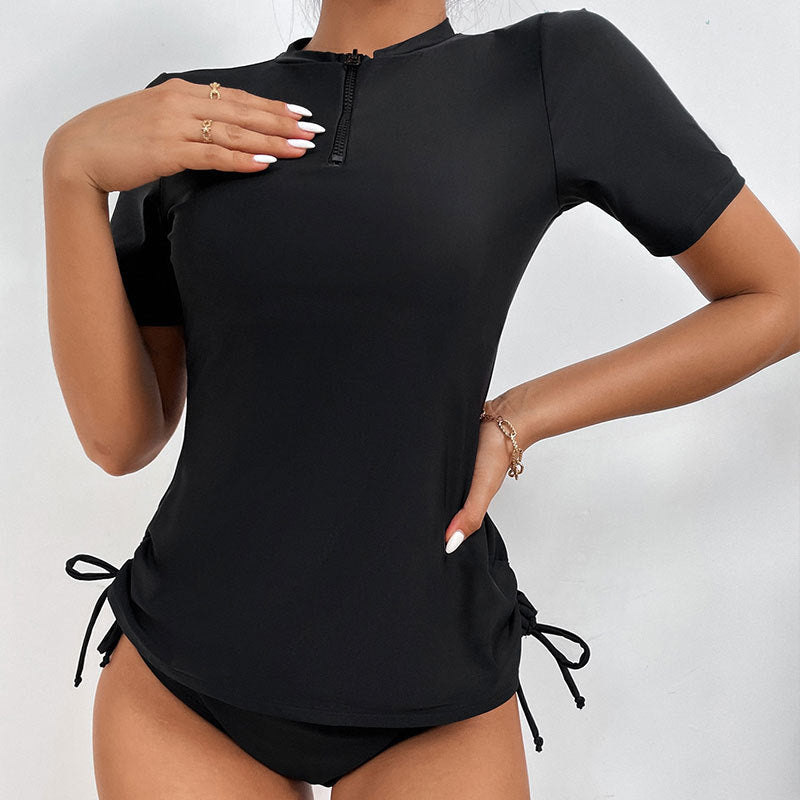 Damen Surf-Bikini-Oberteil mit kurzem Arm und hohem Kragen Drune