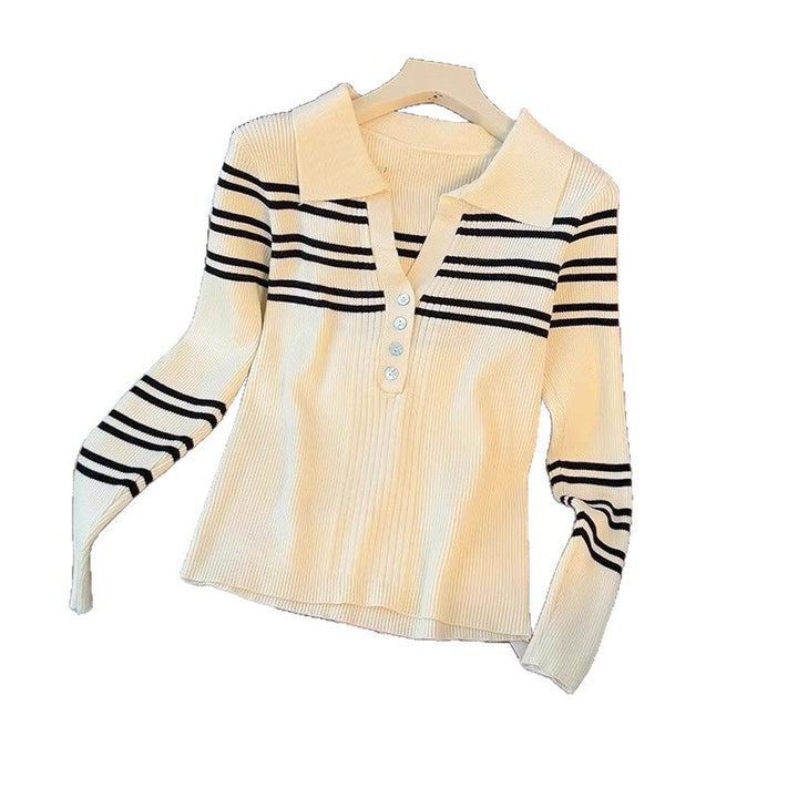 Damen gestreifter Pullover mit Knopfleiste und klassischem Kragen Drune