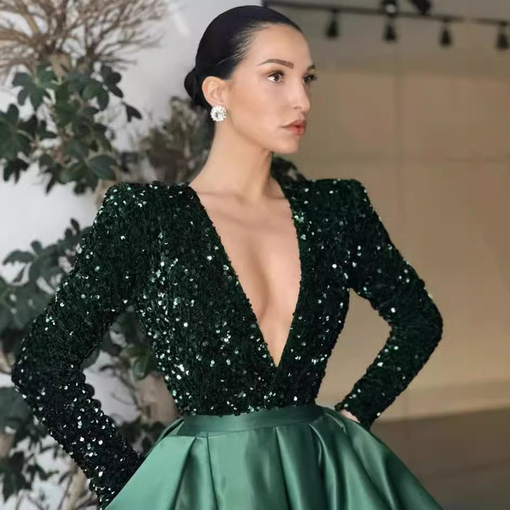 Damen Glamouröses Abendkleid mit tiefem V-Ausschnitt und hochgeschnittenem Rock Drune
