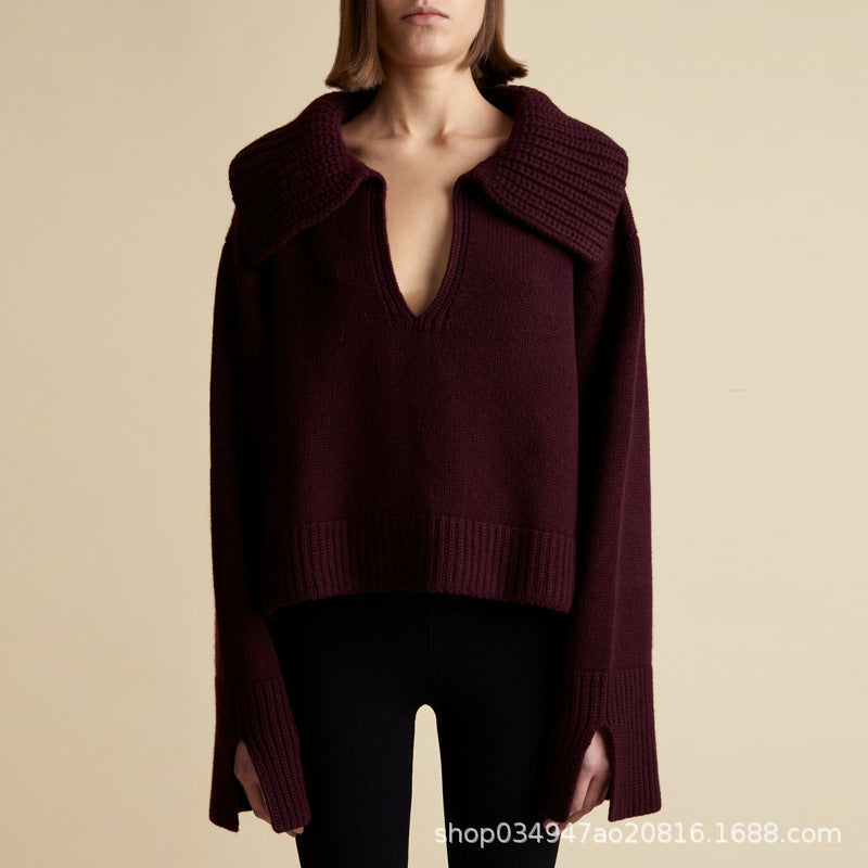 Damen Modischer Strickpullover mit tiefem V-Ausschnitt und übergroßen Kragen Drune