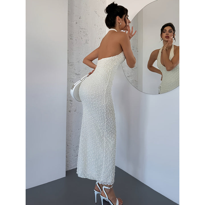 Damen Elegantes Abendkleid mit Hochzeitsperlen und tiefem V-Ausschnitt Drune