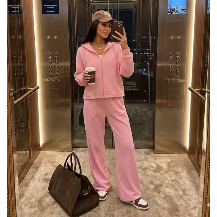 Damen lässiges Lounge-Set aus French-Terry mit Kurzzip-Hoodie und High-Waist Wide-Leg Jogginghose mit Kontrastpaspel Drune