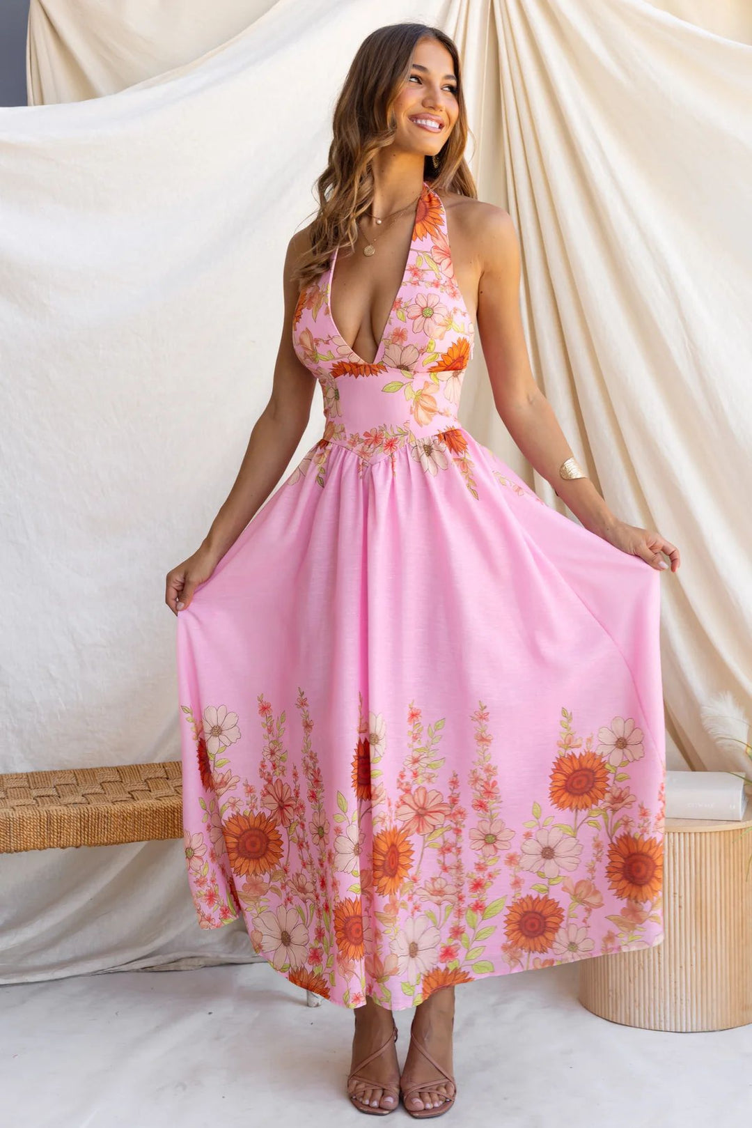 Damen Maxikleid mit tiefem V-Ausschnitt und floralem Print Drune