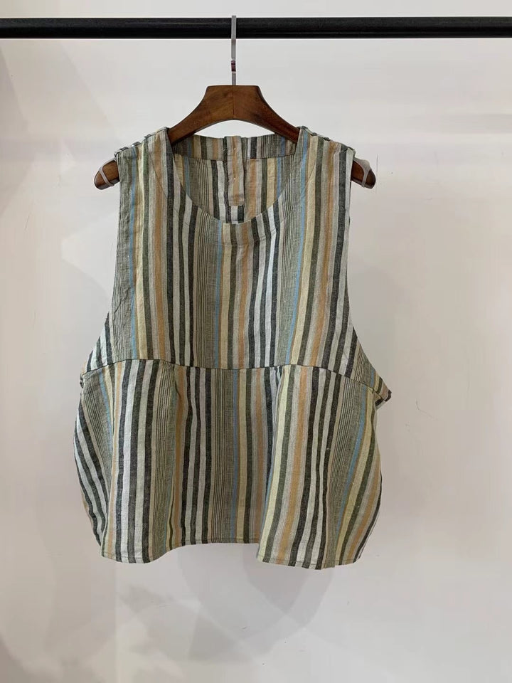 Damen Relaxed Fit Ärmelloses Leinenoberteil mit Seitentaschen Drune
