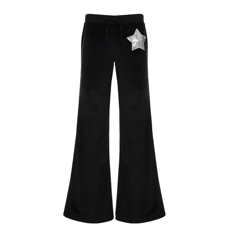 Damen Weite Velours-Sweatpants mit Kordelzug, ausgestelltem Bein und Pailletten-Stern Drune