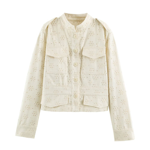 Damen Kurze Broderie‑Anglaise Jacke im Utilitarstil mit Stehkragen und Pattentaschen Drune