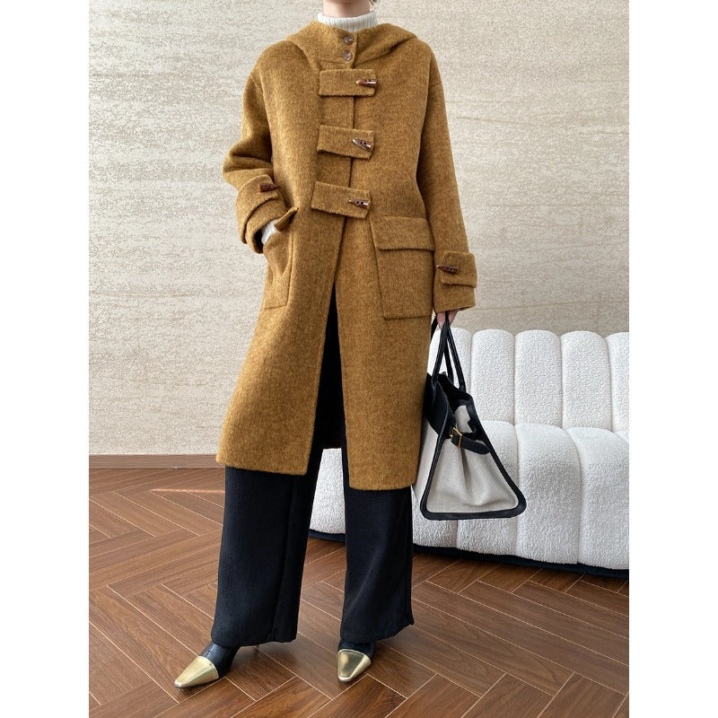 Damen eleganter Wollmantel mit Kapuze und großen Knöpfen Drune