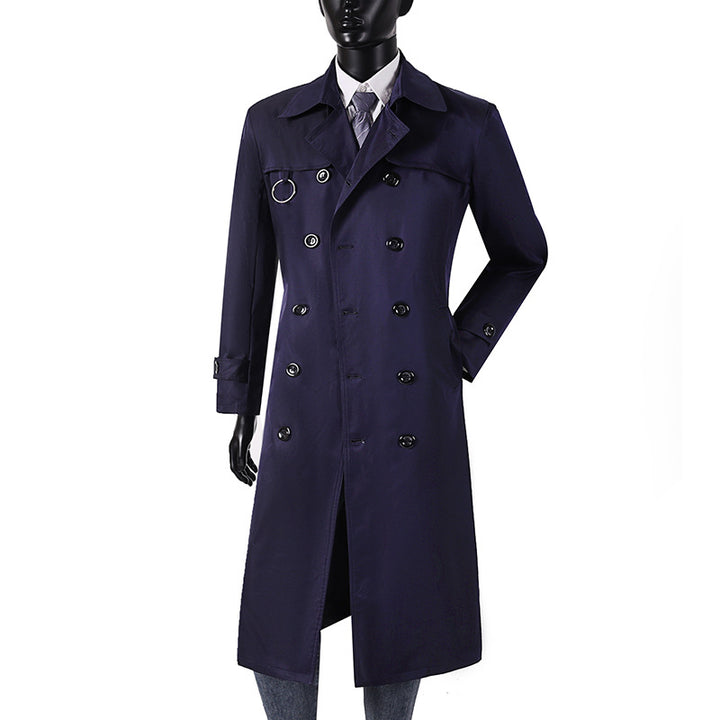 Herren Doppelreihiger Trenchcoat mit Taillierung, Reverskragen und dekorativem Metallring Drune