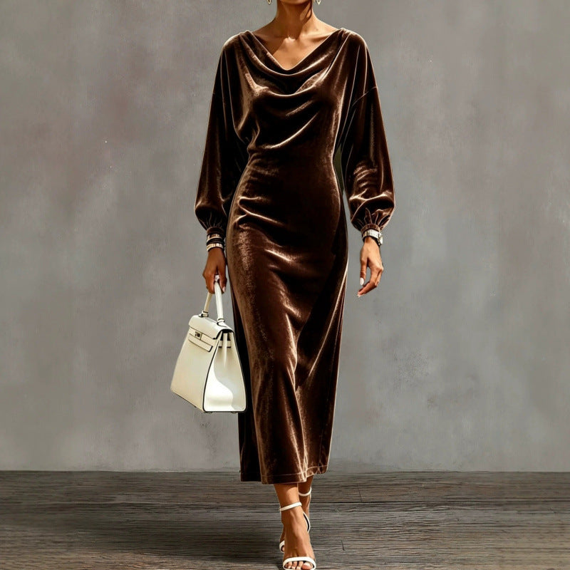 Damen Midikleid aus Samt mit drapiertem Wasserfallkragen und Ballonärmeln Drune