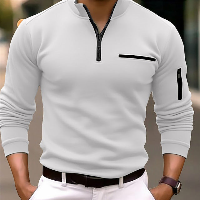 Herren Slim-Fit Pullover mit halbem Reißverschluss, Brust- und Ärmeltasche Drune