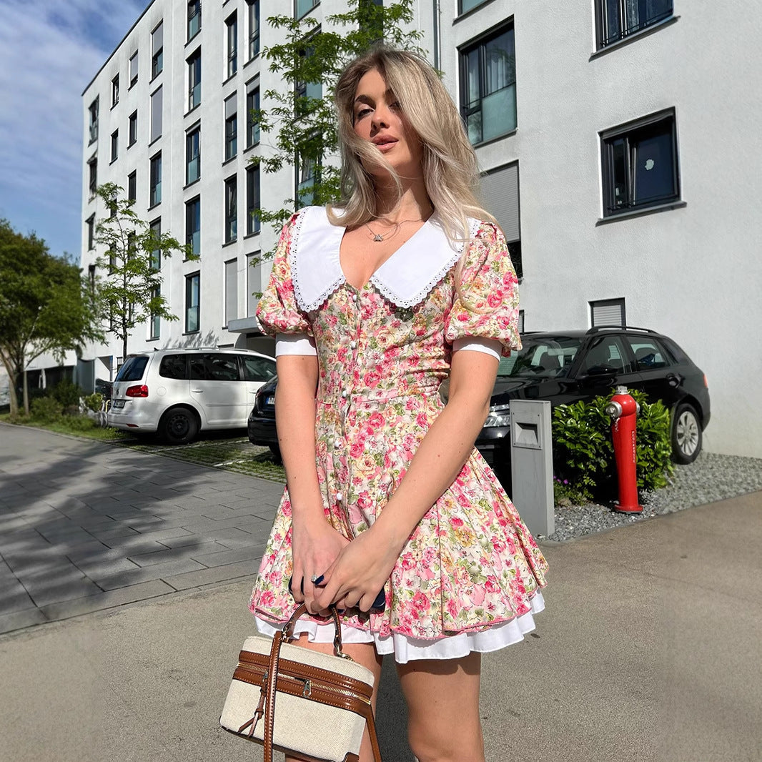 Damen Verspieltes Blumenkleid mit Puffärmeln und Spitzenkragen Drune