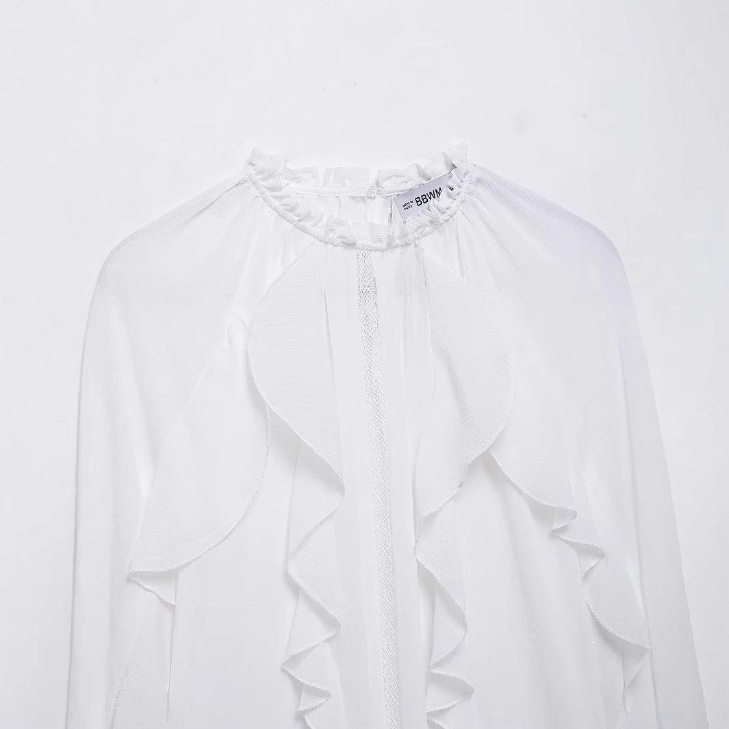 Damen nan romantische Chiffonbluse mit gerafftem Stehkragen, durchgehenden Volants und ballonförmigen Ärmeln Drune