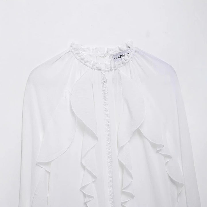 Damen nan romantische Chiffonbluse mit gerafftem Stehkragen, durchgehenden Volants und ballonförmigen Ärmeln Drune