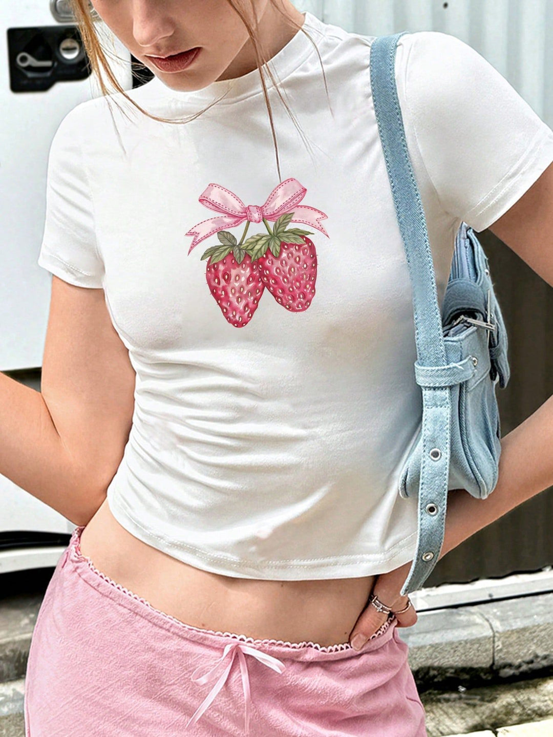 Damen Crop-T-Shirt mit verspieltem Erdbeer-Motiv und elegantem Halsabschluss Drune