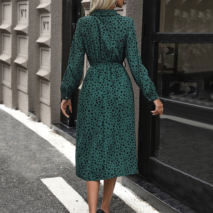 Damen Langärmliges Hemdblusenkleid mit Gürtel und Punkten Drune