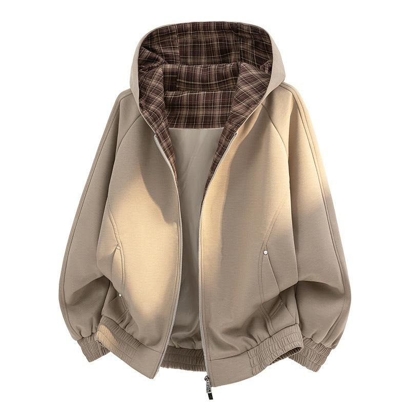 Damen lässiger Sweat-Bomber mit gesteppter Karofütterung in Kapuze und elastischem Saum Drune