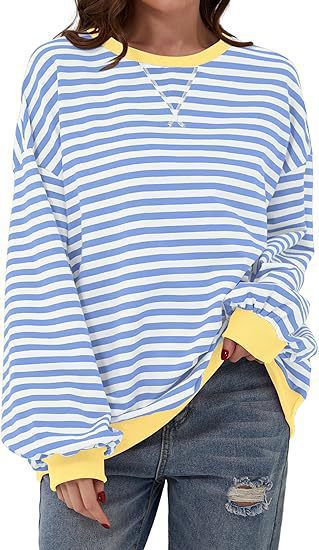 Damen Lässiges Oversize-Streifen-Sweatshirt mit Raglanärmeln und Kontrastbündchen Drune