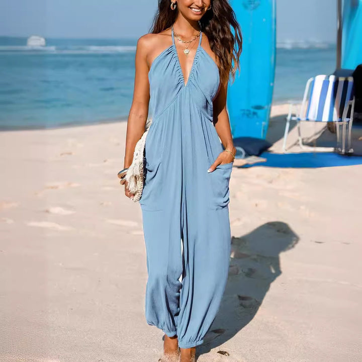 Damen luftiger Jumpsuit mit tiefem V-Ausschnitt und praktischen Taschen Drune