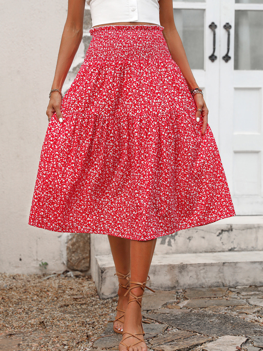 Damen Midirock mit elastischem Taillenbund und floralem Design Drune