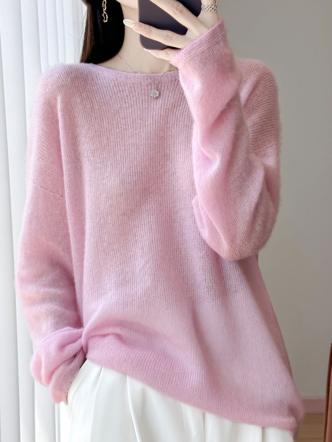 Damen Ultraleichter Mohair‑Look Oversize-Pullover mit U-Boot-Ausschnitt und überschnittener Schulter Drune
