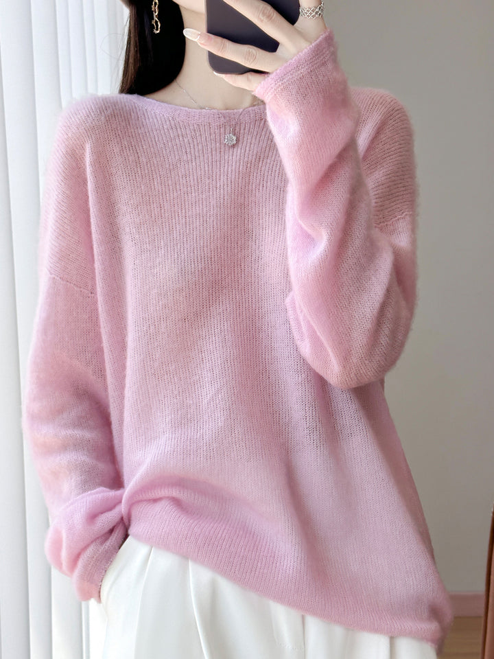 Damen Ultraleichter Mohair‑Look Oversize-Pullover mit U-Boot-Ausschnitt und überschnittener Schulter Drune