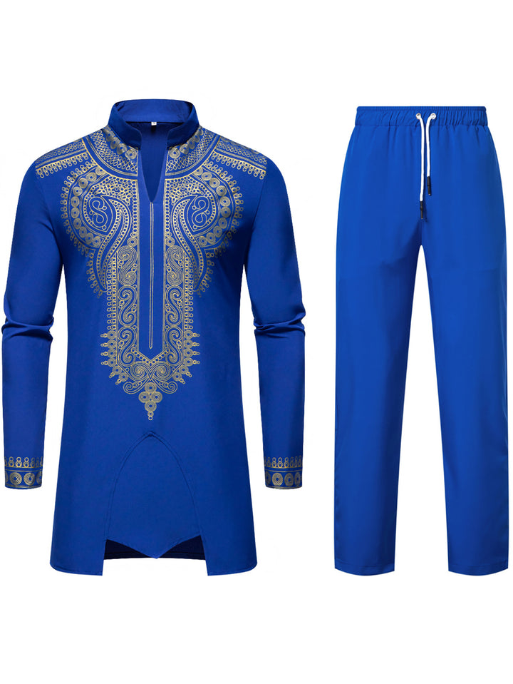 Herren Traditionelles besticktes Tunika‑Set mit Mandarinkragen und elastischer Hose Drune