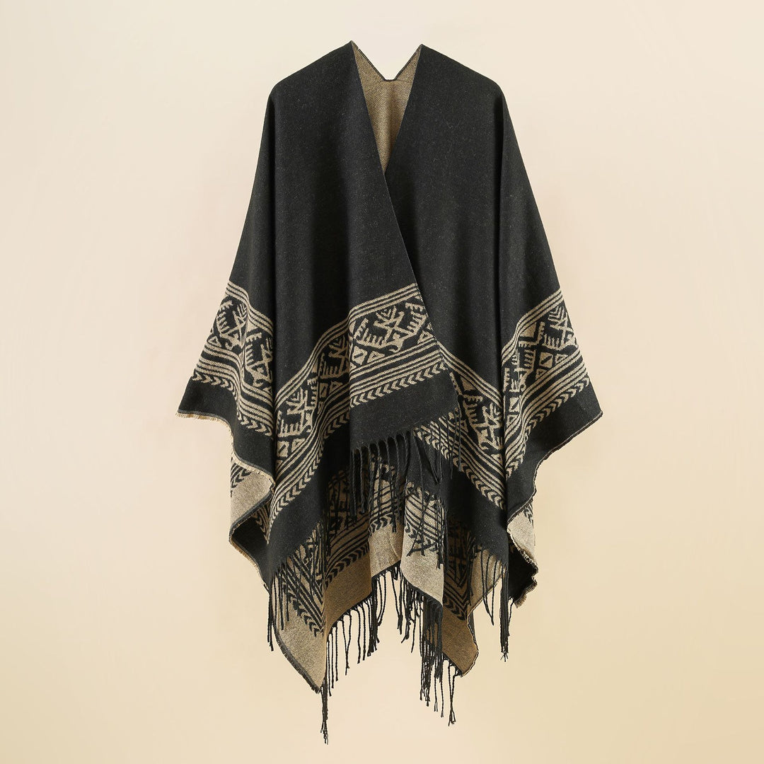 Damen Capeponcho mit geometrischer Jacquardbordüre, offenem V-Ausschnitt und Fransensaum Drune