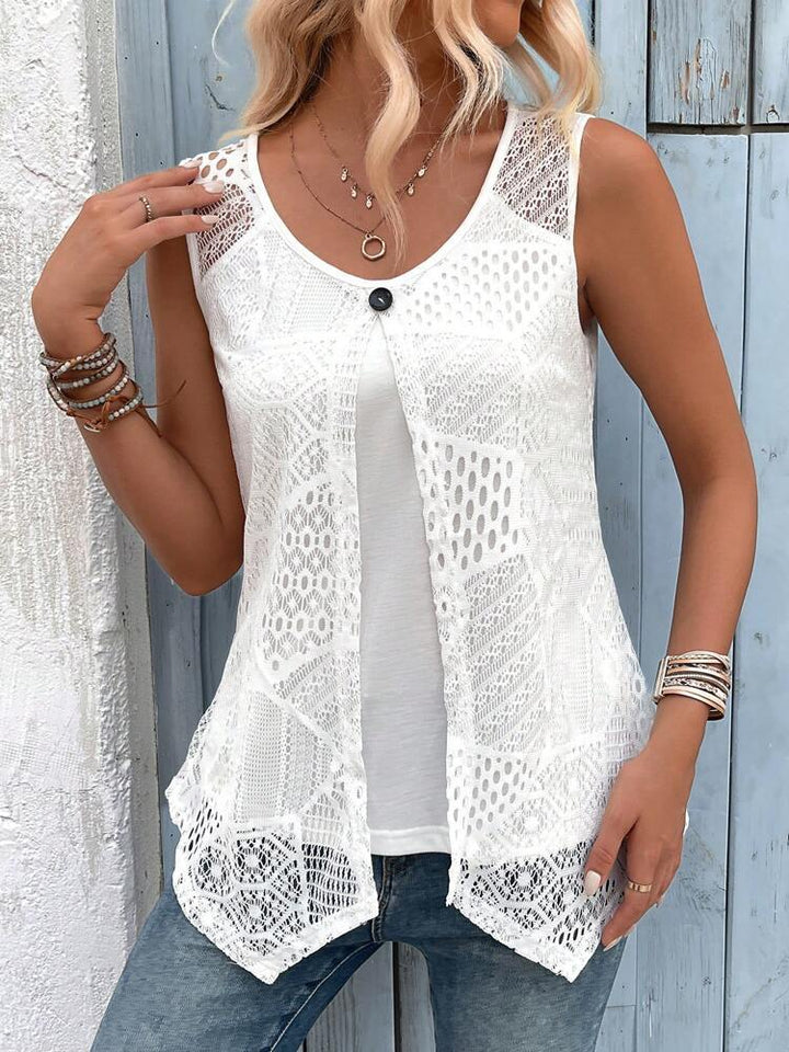 Damen Ärmelloses Spitzen-Tunika-Shirt mit modischem Knopfverschluss Drune