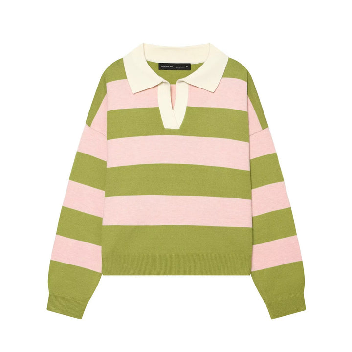 Damen Oversize Rugby-Pullover mit Polokragen und breiten Blockstreifen Drune