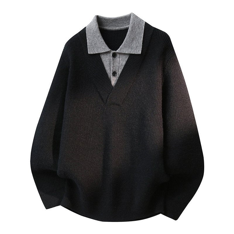 Damen Modischer Grobstrickpullover mit V-Ausschnitt und Kragen Drune