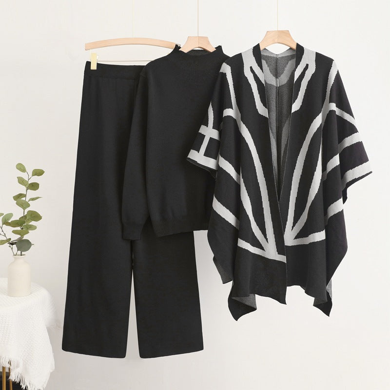 Damen trendiges Strick-Loungewear-Set mit grafischem Poncho-Design Drune