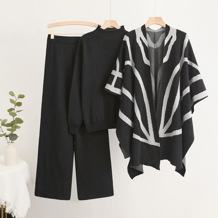 Damen trendiges Strick-Loungewear-Set mit grafischem Poncho-Design Drune