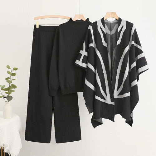 Damen trendiges Strick-Loungewear-Set mit grafischem Poncho-Design Drune