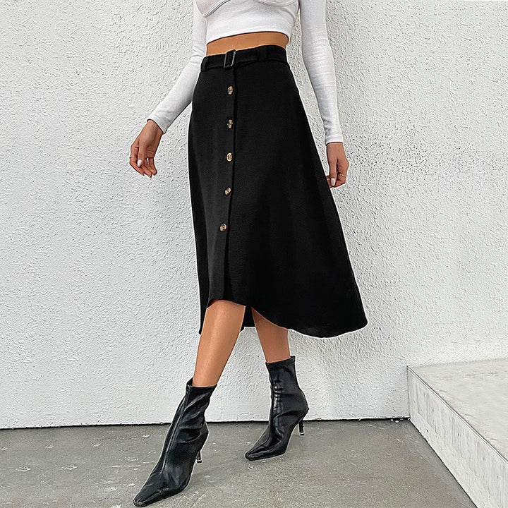 Damen Midirock mit durchgehender Zierknopfleiste, Gürtelbund und leicht ausgestellter A‑Linien‑Silhouette Drune