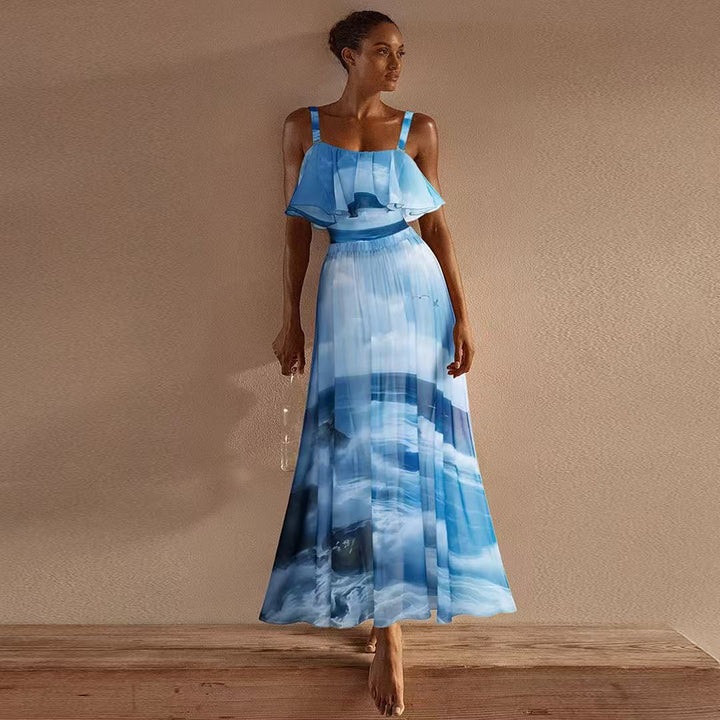 Damen Maxikleid mit Volant und maritimem Design Drune