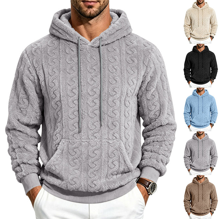 Herren Teddy-Fleecepullover mit Zopfmuster, Kapuze und Kängurutasche Drune