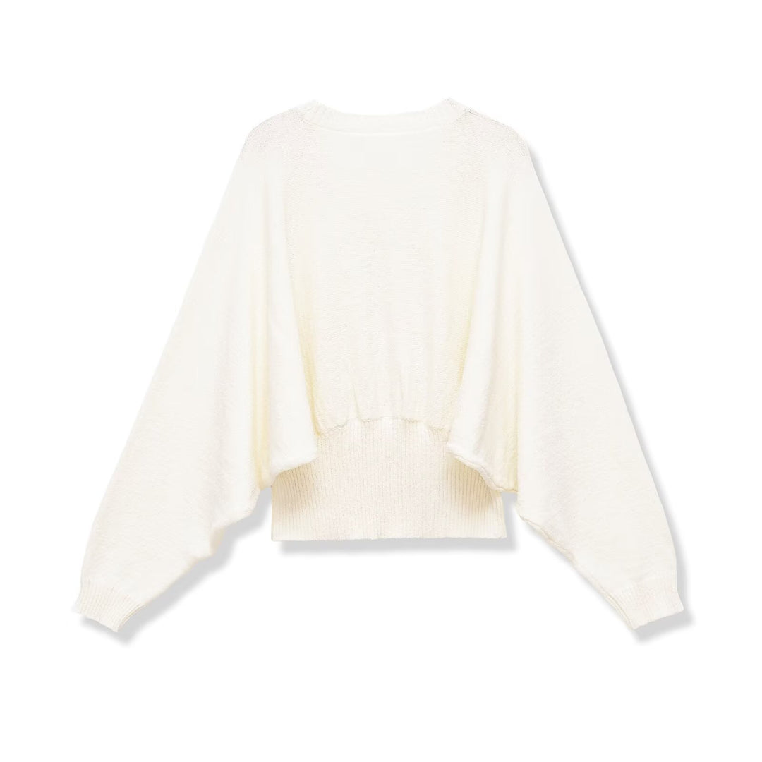 Damen weit geschnittener Cropped-Pullover mit Fledermausärmeln und breitem Rippbündchen Drune