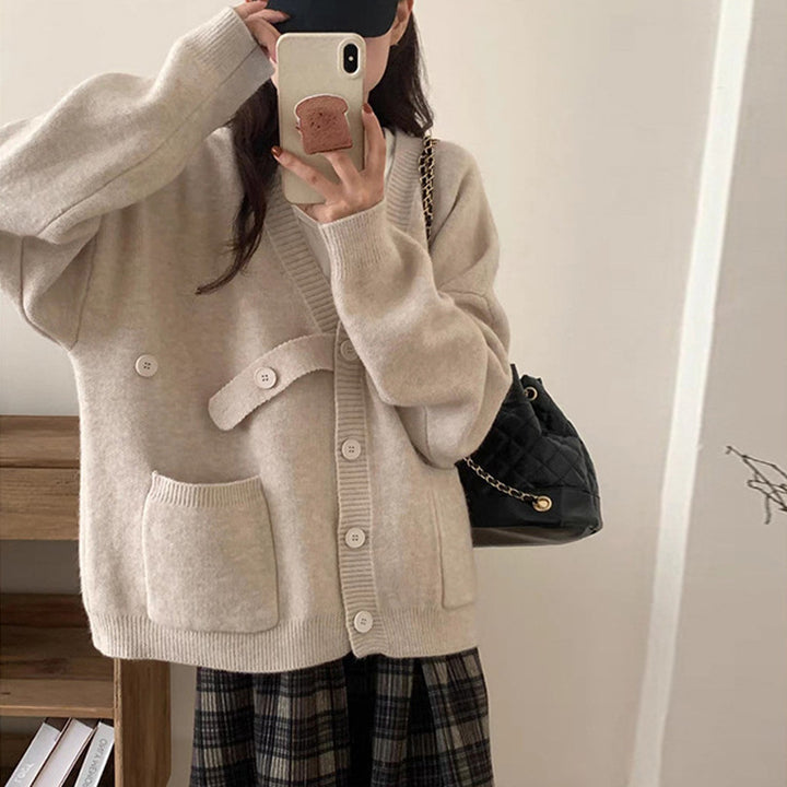 Damen Oversized Strickjacke mit großen Taschen und Knopfdetails Drune