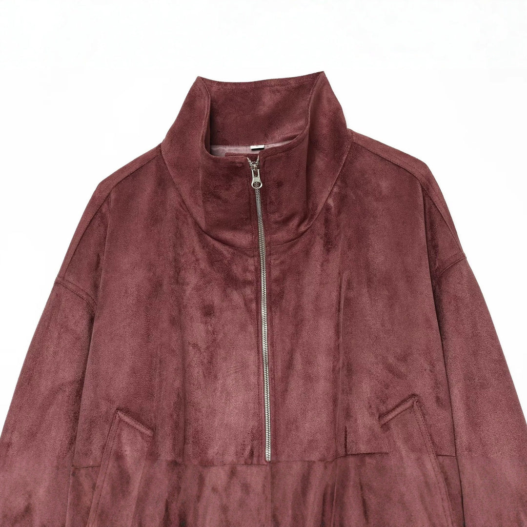 Damen kurze Veloursleder-Optik Bomberjacke mit Stehkragen und elastischem Saum Drune